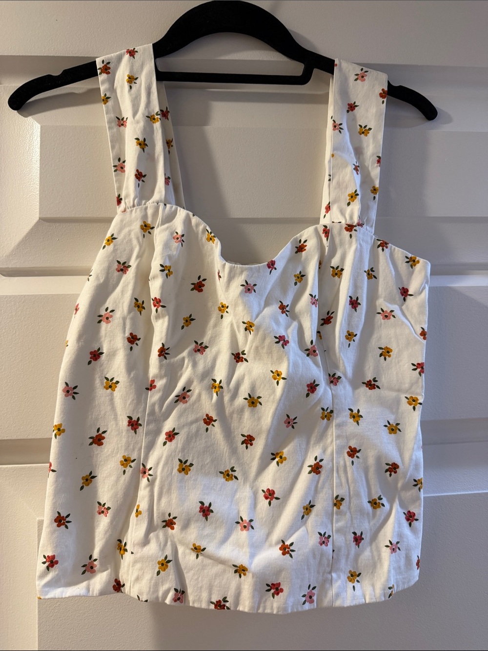 Reformation White Floral Square-Neck Tank Top with Tiny Yellow & Green Accents